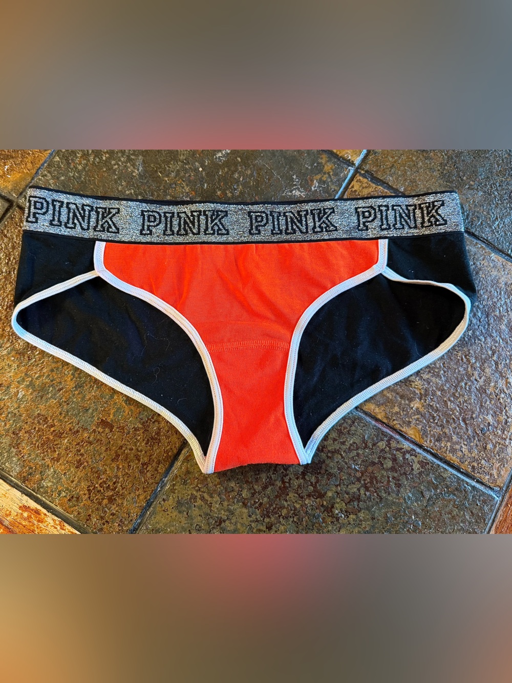 PINK Victoria's Secret Orange & Black Hipster Panty with Glitter Logo Waistband